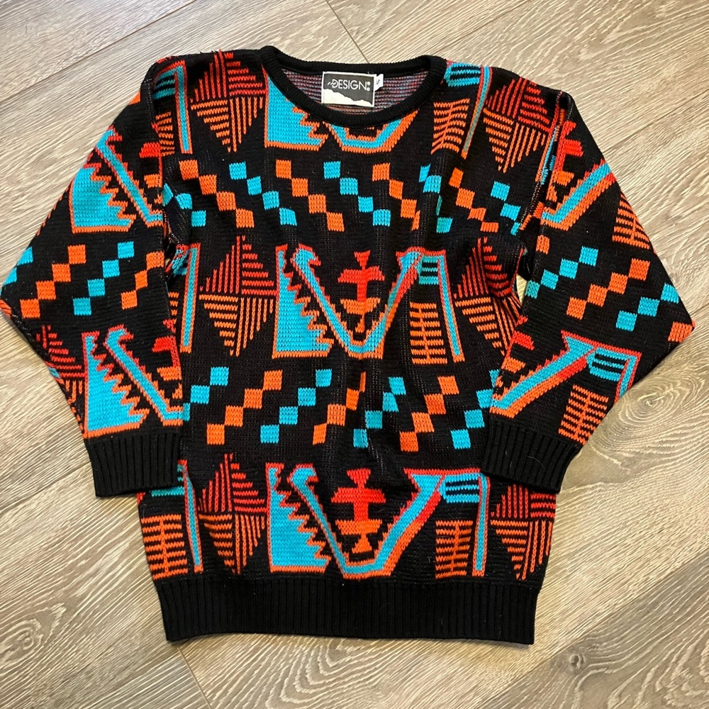 ✨Vintage✨ Men's Black Multicolor Geometric Sweater